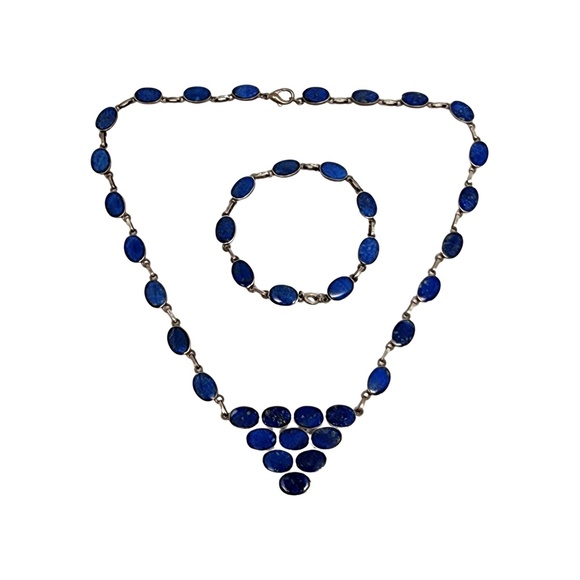 950 Silver Lapis Lazuli Pyramid Necklace & Bracelet Set #13370